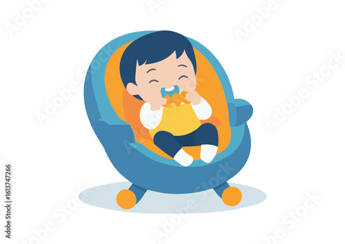Cute Baby Boy Sitting in Bouncer Chair and Playing with Teether Toy Isolated on White Background Vector Illustration for Baby Products, Parenting, Childcare,