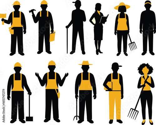 Black & Yellow Worker Silhouettes: Diverse Professions & Occupations – Vector Icons for Business, Industry & Community Projects.