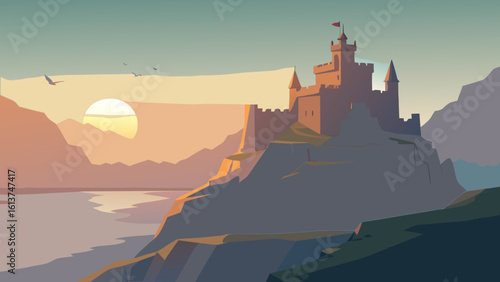 Golden sunset paints a dramatic silhouette of an ancient European castle tower against a vibrant sky with wisps of red clouds, highlighting its medieval architecture within the natural landscape