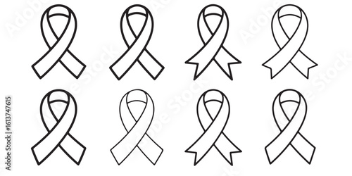 Breast cancer awareness Ribbon Icons silhouettes Set Black and White Line Art,