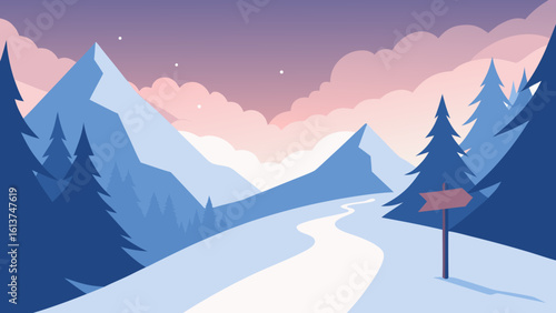 Snowy winter mountain landscape with frosty trees under a clear blue sky, perfect for a serene seasonal view