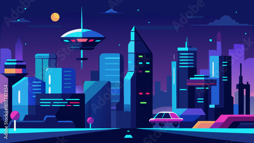 Night city skyline illustration with urban buildings, street lights, and a moonlit sky
