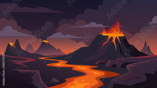 A vibrant sunset paints the sky over a mountain landscape, where a campfire glows warmly amidst camping in the forest under orange and red clouds