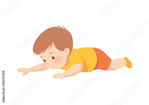 Cute Baby Boy Crawling on Floor Adorable Little Kid in Yellow T-shirt and Orange Shorts Learning to Crawl Vector Illustration for Nursery Design Baby Products
