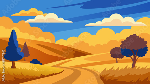 Vector illustration of a vibrant desert landscape with mountains, an orange sunset sky, and a lone tree on the horizon
