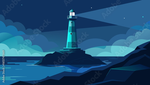 Moonlit lighthouse beacon guides navigation on the rocky sea coast