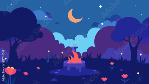 Christmas night landscape with a cat silhouette under a starry blue sky and glowing moonlight