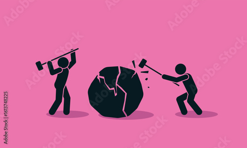 people break a big stone, crack on the rock