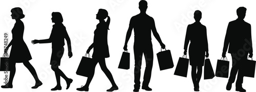 Silhouette of people shopping, walking with bags, retail consumer lifestyle, man and woman silhouettes, modern buyers in motion, black figure shopping concept
