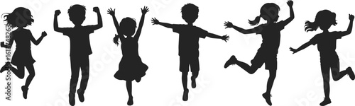 Silhouette of kids jumping and dancing, children in motion, happy playful energy, joyful boys and girls, outdoor fun, expressive child body language