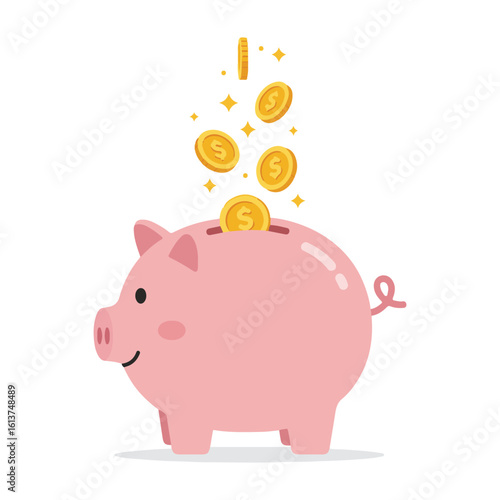 Cute piggy bank with gold coins sparkling