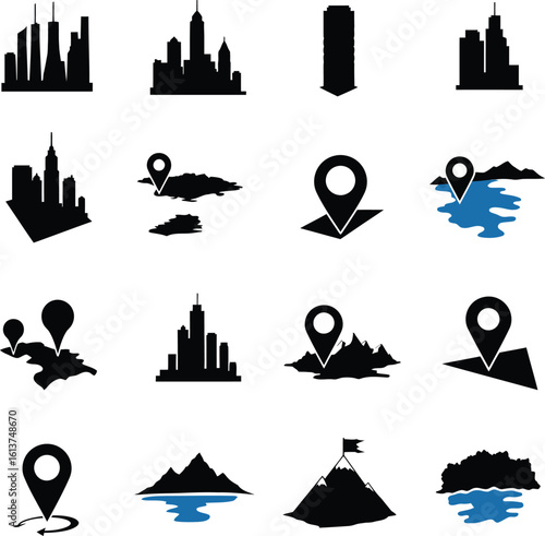 Comprehensive Collection of Black Vector Location Icons, GPS Pointers, Map Pins, and Geographic Symbols Representing City Skylines, Houses, Mountains, and Destinations for Modern Navigation and Travel