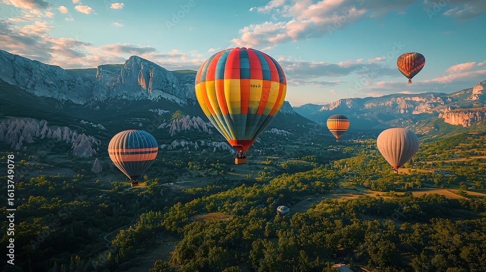Obraz premium Vibrant hot air balloons soaring over majestic mountains