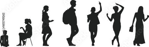 Silhouette of girl growing up, female life stages, sitting, walking, dancing, holding bag, woman poses, evolution, age transition, vector black art
