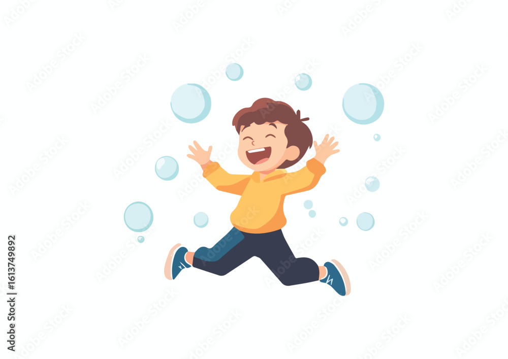 Happy Child Running and Playing with Soap Bubbles Isolated on White Background Vector Illustration for Kids Activities Fun and Entertainment Designs Happy Child Running and Playing with Soap Bubbles Isolated on White Background Vector Illustration for Kids Activities Fun and Entertainment Designs