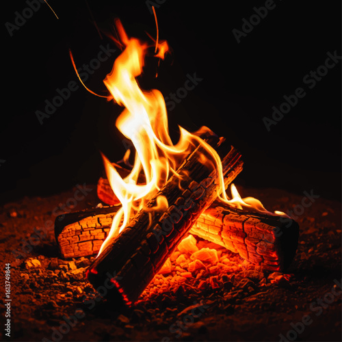 Glowing campfire with flames burning logs, creating warmth and light against a dark background.