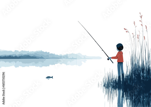Boy Fishing in a Lake with Mountains in the Background Vector Illustration
