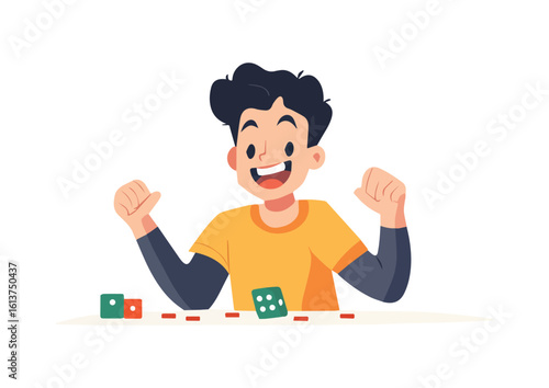 Excited Boy Playing Board Game with Dice, Happy Child Enjoying Tabletop Activity, Vector Illustration Isolated on White Background