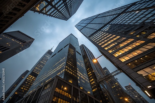A powerful upward perspective on contemporary skyscrapers, their many windows aglow in the evening.