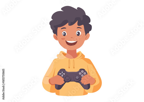 Happy Boy Holding Video Game Controller Vector Illustration Isolated on White Background Perfect for Gaming Designs Websites Apps Prints and More
