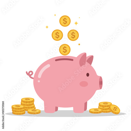 Piggy bank with shiny dollar coins and stacks