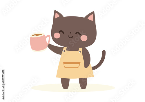 Cute cartoon cat barista holding a cup of coffee vector illustration isolated on white background perfect for cafe menu design, children's book, stickers,