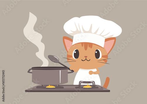 Cute Cat Chef Cooking in a Kitchen Vector Illustration Perfect for Culinary and Pet-Related Designs