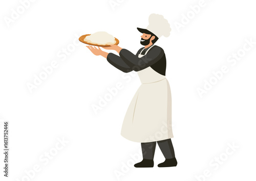 Chef holding a plate with a large portion of dough vector illustration isolated on a white background concept for restaurant menu culinary blog recipe book food