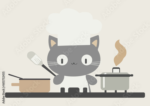 Cute gray cat chef cooking in the kitchen flat vector illustration isolated on white background for cooking food menu restaurant cafe and kids apparel design