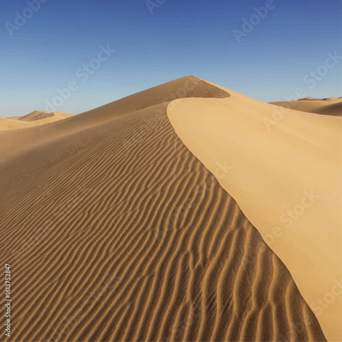 Rolling sand dunes curve under a clear blue sky, showcasing the textured beauty of a desert landscape.
