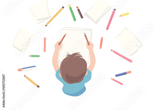 Top View of Child Drawing with Crayons and Pencils on Paper Surrounded by Art Supplies on White Background Vector Illustration for Education and Creativity