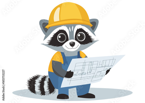 Raccoon architect in overalls and hard hat holding blueprint isolated on white background vector illustration for children book or education materials design