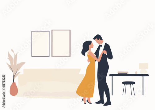 Couple Dancing in Living Room Minimalist Vector Illustration Flat Design Cozy Home Interior Scene Romantic Evening Togetherness Lifestyle Concept