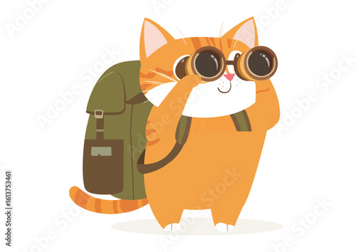 Cute ginger cat traveler with backpack and binoculars vector illustration isolated on white background safari adventure tourism and travel concept design for