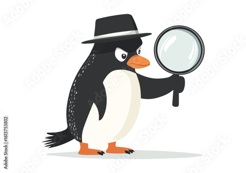 Penguin Detective with Magnifying Glass Vector Illustration Isolated on White Background Cartoon Character for Childrens Book Cover or Detective Story Design