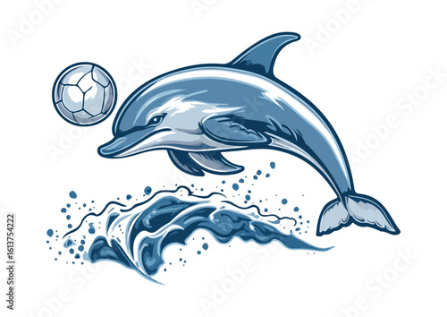Dolphin playing soccer ball and jumping from ocean wave vector illustration isolated on white background good for logo mascot or icon