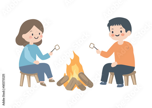 Couple Roasting Marshmallows over Campfire Enjoying Outdoors Fun Vector Illustration Simple Cartoon Style Ideal for Camping Leisure and Recreation Themes