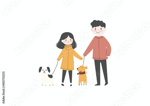 Happy couple walking dogs vector illustration isolated on white background concept for print web design banner poster sticker card textile design and other use