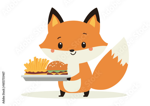 Cute cartoon fox carrying tray with burger and french fries fast food vector illustration isolated on white background for kids menu design or poster