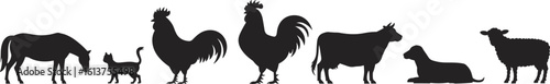 Silhouette of farm animals including horse, cat, rooster, cow, sheep, chicken, goat, rural livestock group vector for agriculture, barnyard, countryside themes