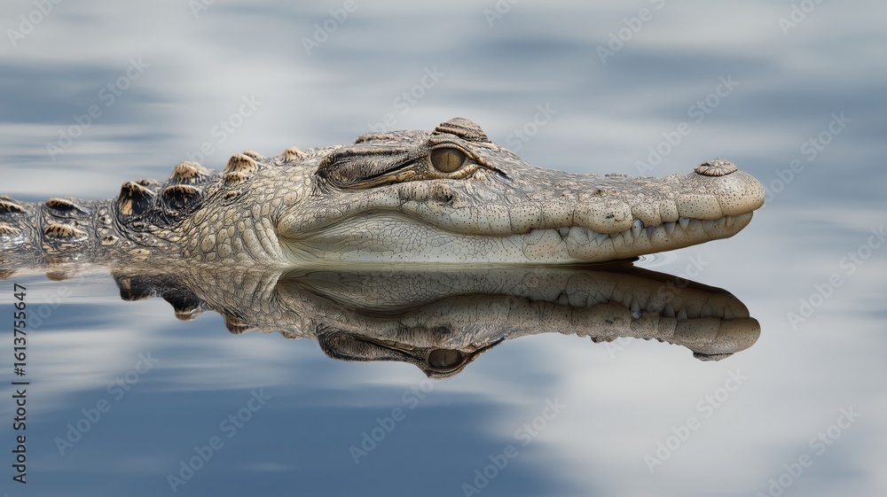 Fototapeta premium A crocodile glides on calm water, its impressive features reflected in the surface.