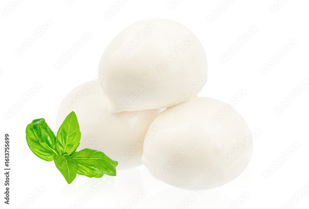 Fresh mozzarella cheese balls with basil leaves isolated on a white background, perfect for Italian dishes. Fresh mozzarella cheese balls with basil leaves isolated on a white background, perfect for Italian dishes.
