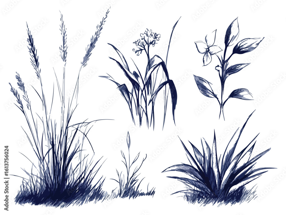 Naklejka premium Hand-Drawn Vector Illustration Set of Grass and Flowers in Indigo Blue Isolated on White Background for Nature Inspired Designs