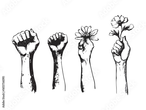 Raised Hands with Clenched Fists and Flower Power Symbols Vector Illustration Set