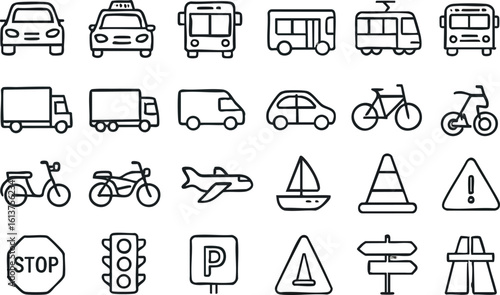 A collection of transportation icons are neatly arranged in a grid, showcasing various vehicles and traffic symbols in a clear and concise outline style.