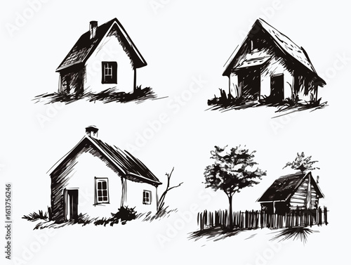 Canvastavla Hand-drawn vector illustration set of various rural houses, barns, and landscape