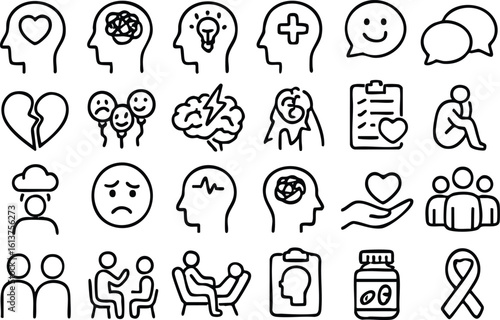 Collection of line icons depicting various mental health concepts, including stress, depression, anxiety, therapy, and support, ideal for websites, apps, and presentations related to mental wellness.