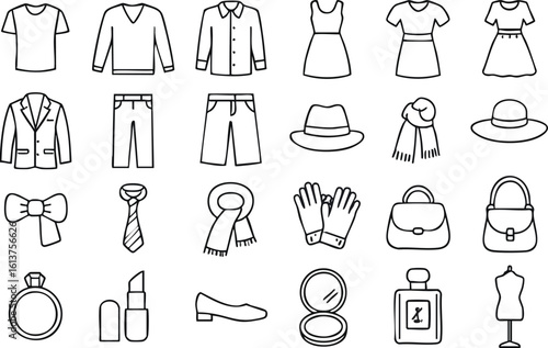 Line art fashion icons set: clothing, accessories, and beauty items, perfect for websites, blogs, and fashion publications.