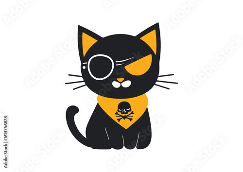 Black cat with eye patch and skull and crossbones bandana vector illustration isolated on white background for Halloween designs apparel prints posters greeting
