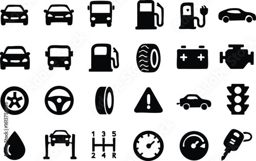 A collection of automotive icons showcases various car-related elements, including vehicles, fuel pumps, tires, and warning signs, illustrating transportation and mechanics.